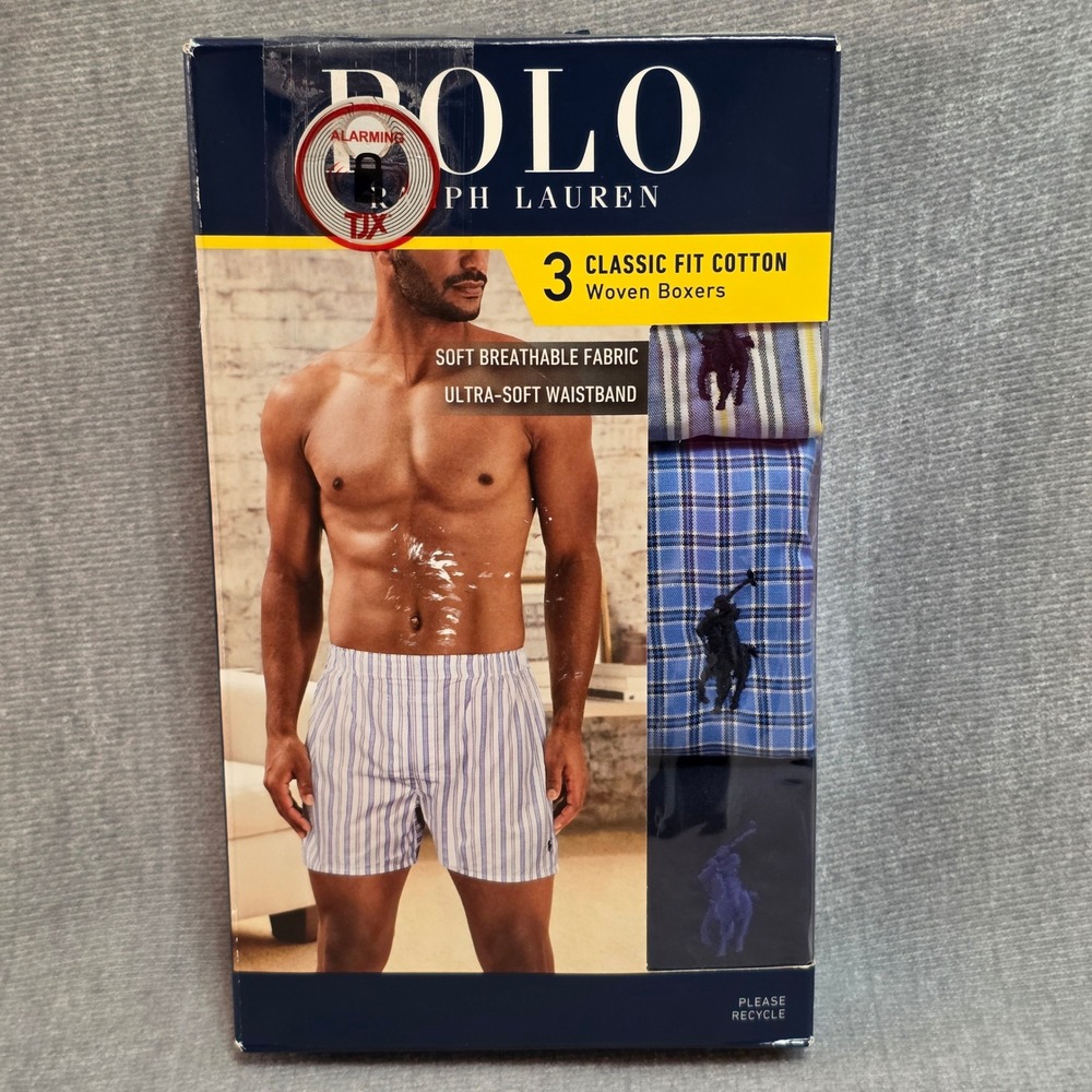 Polo Ralph Lauren Woven Boxers Mens Medium Blue Plaid Striped 3 Pack Cotton NIB